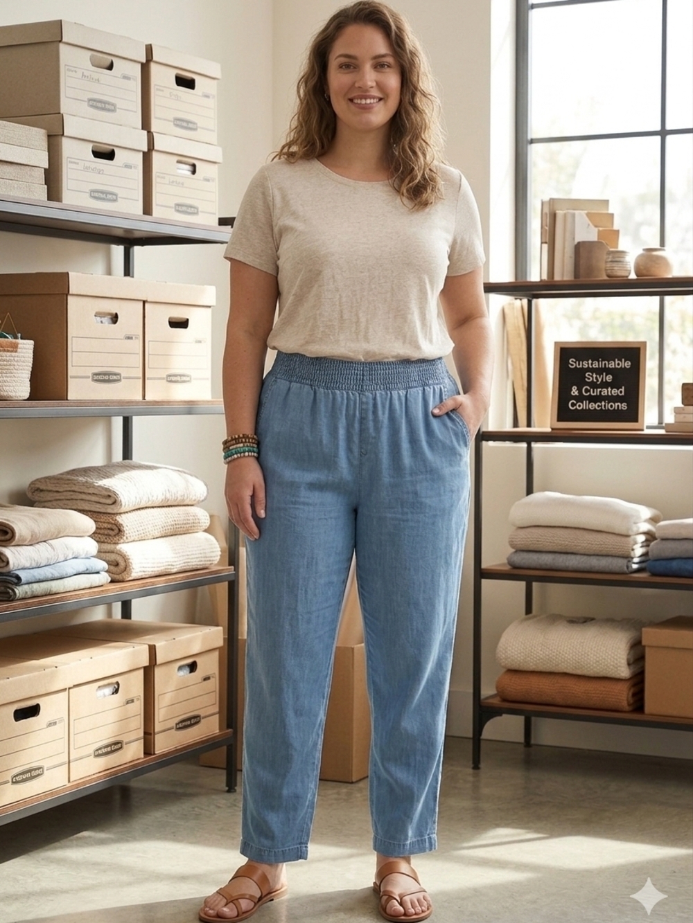 Light Blue Elastic Waist Demin Look With Side Pockets  Ankle Cropped